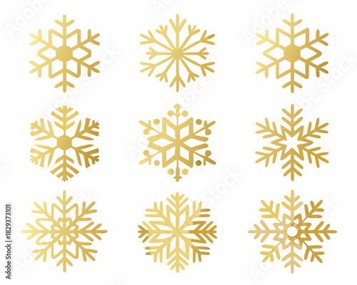 Collection of nine golden snowflake icons on a white background