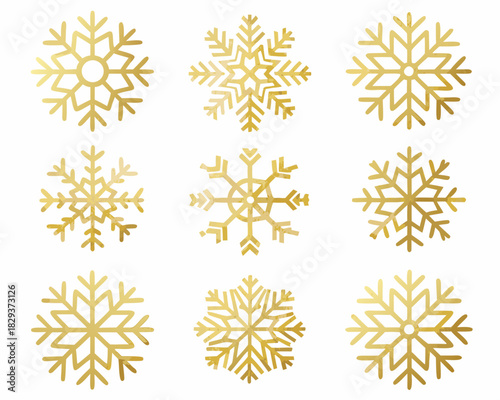 Collection of nine golden snowflake icons on a white background