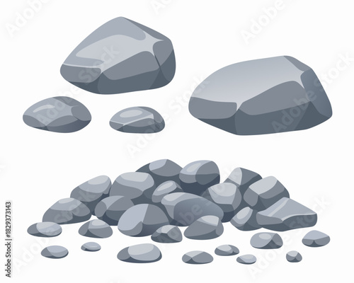 Collection of smooth gray rocks and pebbles isolated on white background