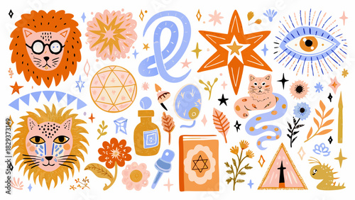 Whimsical boho mystical elements collection with lions cats and stars
