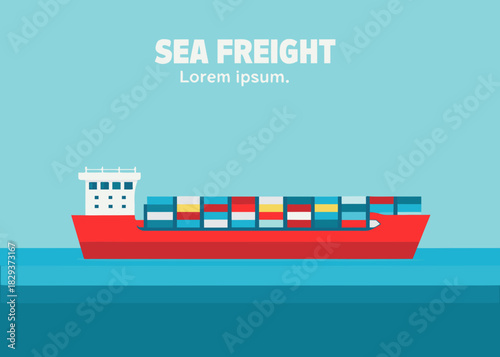 Red cargo ship carrying colorful containers on the ocean