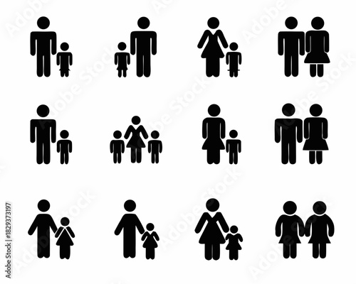 Collection of diverse family and couple icon sets on white background