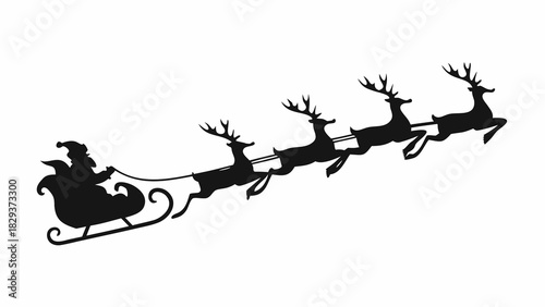 Silhouette of santa claus and reindeer sleigh flying across white background