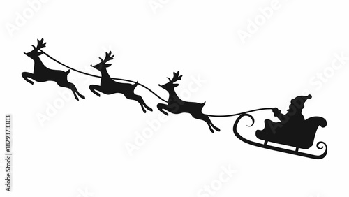 Silhouette of santa claus in a sleigh pulled by reindeer flying across a white background