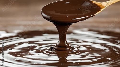 Closeup of Melting Dark Chocolate Dripping from Spoon Creating Smooth Flow
