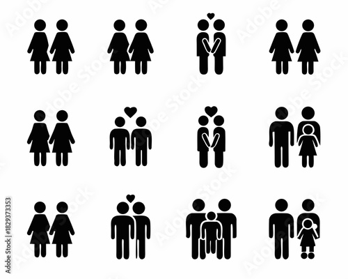 Collection of diverse couple and family icons representing relationships and love