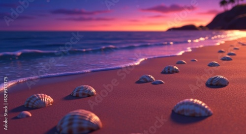 Calm beach scene at dusk. Shells scattered on the wet sand with a sunset horizon