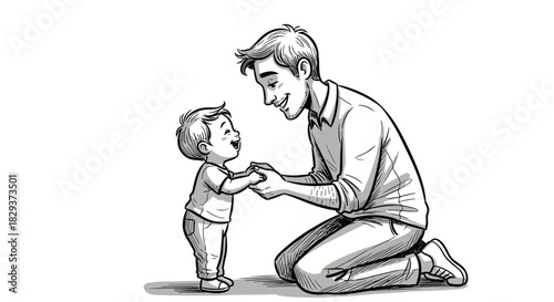Heartwarming illustration of a father supporting his child's first steps filled with love