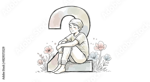 Contemplative figure nestled by oversized ampersand in a watercolor floral landscape