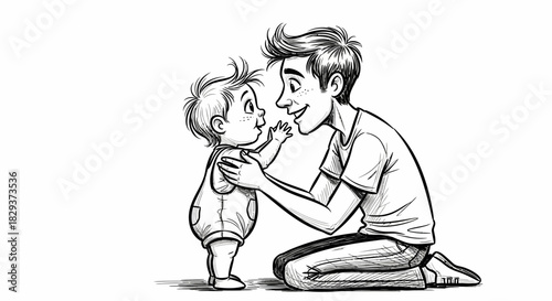 A heartwarming illustration depicts a father interacting with his young child expressing familial