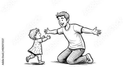 Heartwarming hand-drawn illustration of a father kneeling to embrace his running child showing