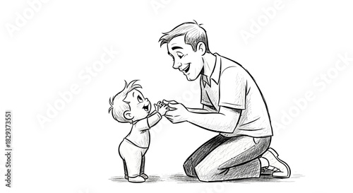 Touching moment of a father kneeling and holding the hands of his baby in grayscale drawing