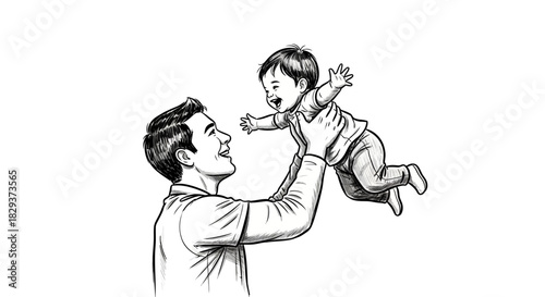 Dad's love captured in simple monochrome line art, celebrating fatherhood moments