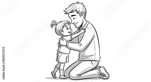 Heartwarming cartoon depicting a father embracing his daughter tenderly in black and white