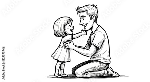 Heartwarming ink illustration of a father kneeling and receiving a hug from his daughter