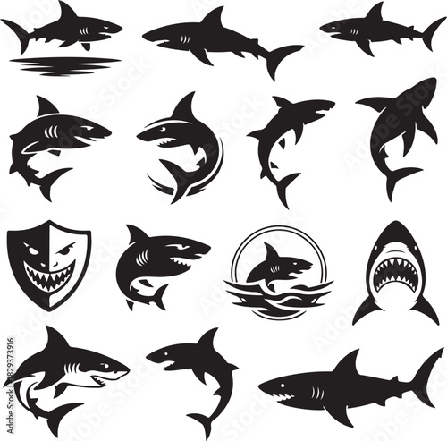 Shark silhouettes collection vector illustration various predatory sea animals set