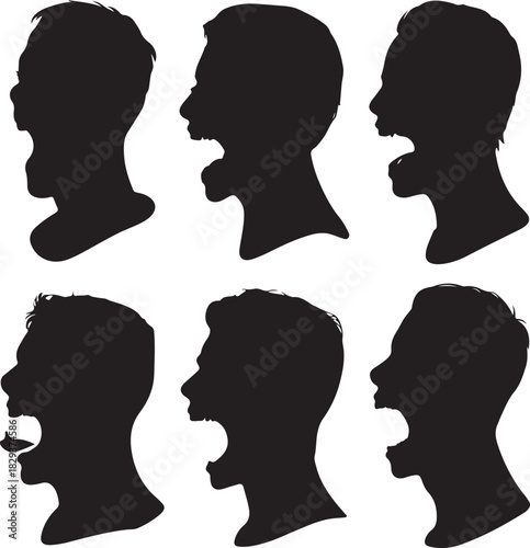Silhouettes of People Screaming Expressing Anger and Frustration in Black
