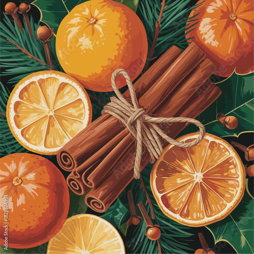 Elegant Christmas botanical still life with dried citrus, mandarins, cinnamon sticks, cloves, pine, and holly. Warm textured vintage vector in traditional festive colors for holiday designs