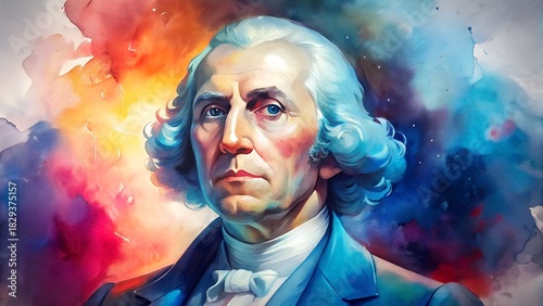 Vibrant watercolor portrait of George Washington for historical projects and educational materials, a colorful and eye-catching take on an American icon