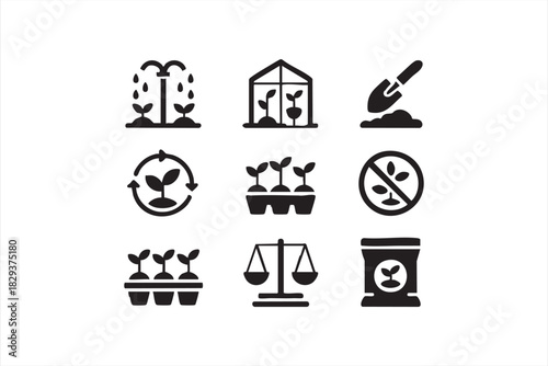 Gardening and Nature Icons Set, Line Art Vector Pack for Farming, Horticulture, and Plant Growth