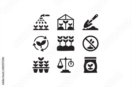 Gardening and Nature Icons Set, Line Art Vector Pack for Farming, Horticulture, and Plant Growth