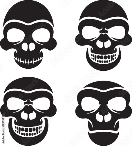 Vector graphic of four skulls in black and white colors