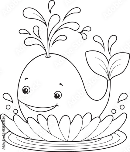 Friendly cartoon whale spouting water and splashing happily in the ocean, line art illustration.