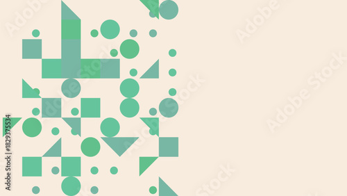 Abstract pattern of geometric shapes in shades of green and teal on a soft cream background.