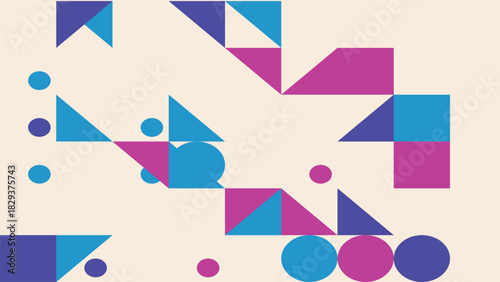 Dynamic geometric pattern with colorful circles and triangles in playful arrangement