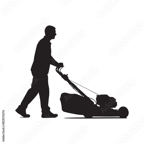 Man pushing a lawn mower in silhouette vector illustration