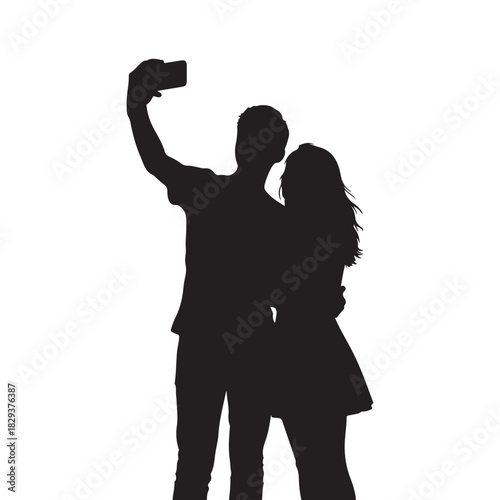 Young romantic couple taking selfie together silhouette moment