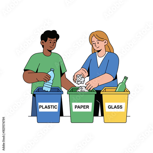 Two diverse people responsibly sort plastic, paper, and glass into specific recycling bins, promoting sustainability and environmental protection in a clean 2D flat vector illustration.