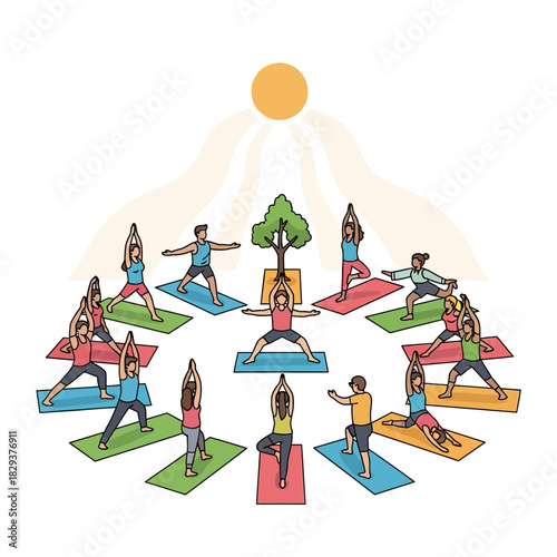 A vibrant 2D flat vector illustration shows a diverse group of people practicing synchronized yoga poses outdoors in a sunny park, emphasizing group fitness and mental wellness.