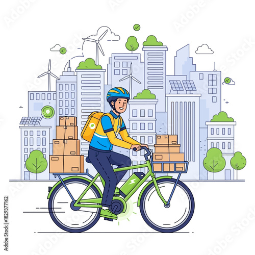 Cheerful delivery courier on an electric bicycle transports packages through a stylized city landscape featuring green energy motifs, depicted in a clean 2D flat vector illustration.