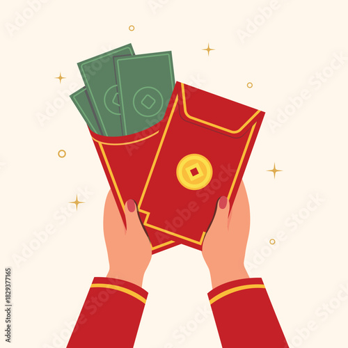 hand holding a red envelopes with money of wealthy and lucky. Decorations for the Chinese New Year.