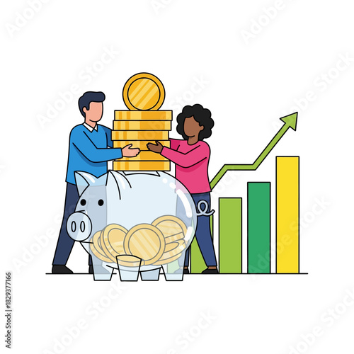 Diverse individuals are stacking gold coins into a transparent piggy bank next to a bar graph symbolizing financial growth and successful savings in this clean flat 2D vector illustration.