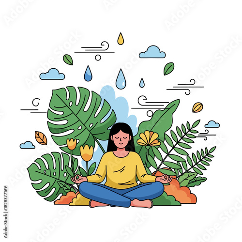 A 2D flat vector illustration shows a person calmly meditating in the lotus position among large stylized leaves and floating clouds, symbolizing wellness, peace, and mental health awareness.