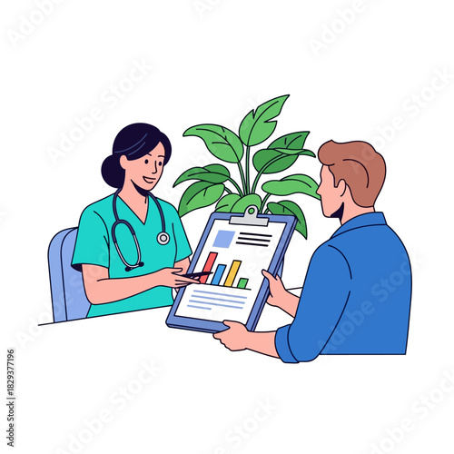 Professional female doctor explains medical results on a clipboard to a sitting male patient during an office consultation in this simplified 2D flat vector illustration.