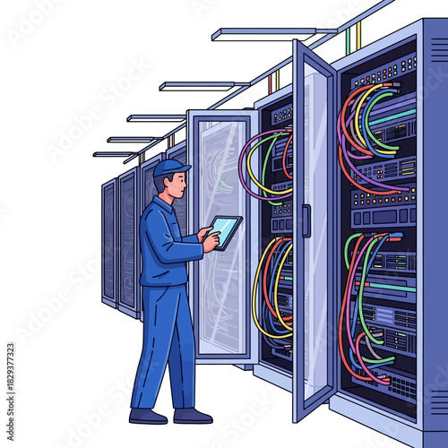 Professional IT technician works on high-tech server racks and complex wiring in a modern data center facility, shown in a clean 2D flat vector illustration style.