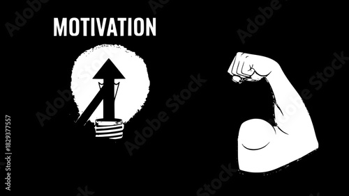 Motivation concept illustration lightbulb with arrow pointing up alongside a muscular arm vector design on black background