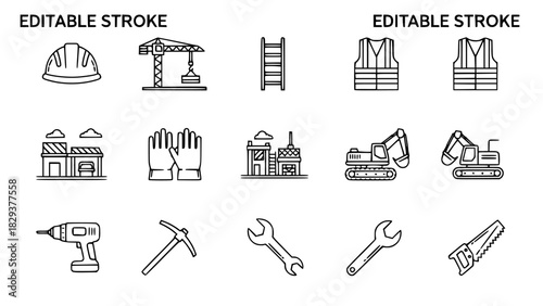 Set of construction and building icons simple line vector symbols for industrial projects isolated on white background