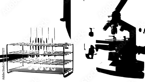 Microscope and test tubes laboratory equipment for scientific research isolated on white background