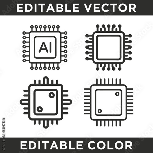 Set of four outline vector icons depicting various microchips and processors, including one labeled AI, representing technology and computing.