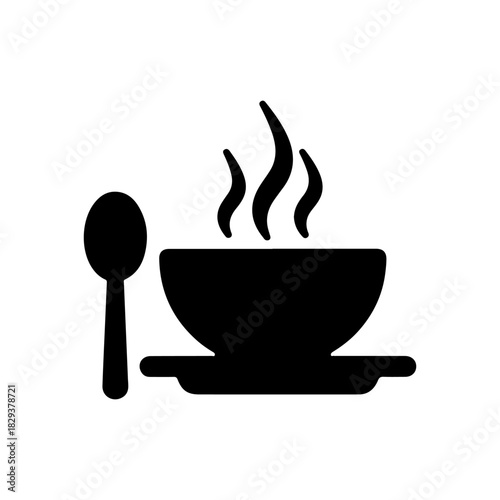 soup, hot, plate, spoon black silhouette on White Background.