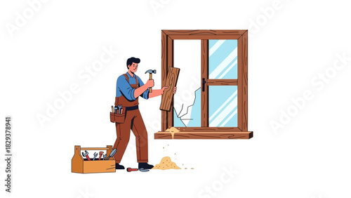 Professional carpenter or handyman repairing a broken wooden window. Home improvement and maintenance service vector illustration