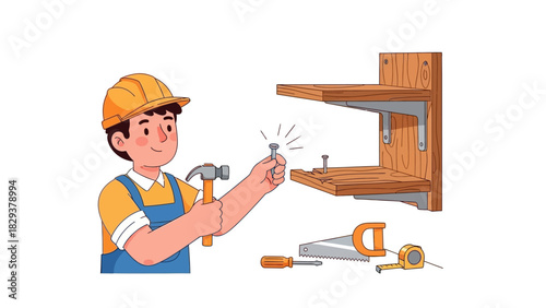 Construction worker assembling shelves with tools and hardware