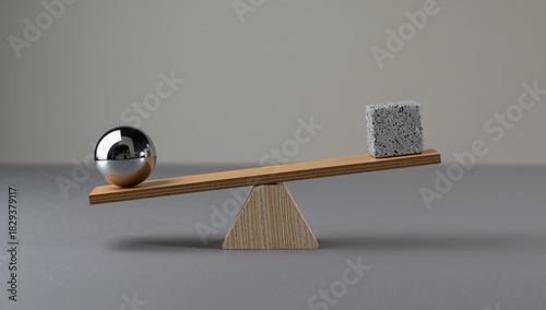 Wooden balance seesaw with sphere and cube showing weight and equilibrium