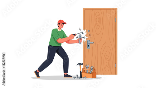 Handyman struggling to fix a broken door lock with tools scattered around him
