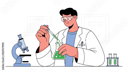 Scientist performing experiment with microscope and flasks in a laboratory setting