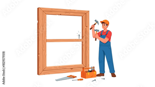 Diligent professional handyman expertly installing a new wooden window frame, ensuring quality craftsmanship in modern home improvement and building renovation